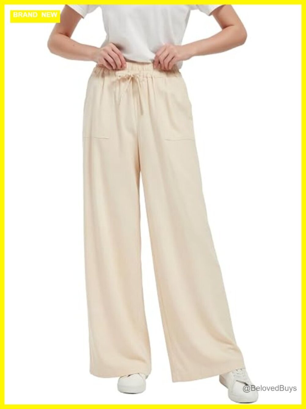 Women Linen Blend High Waist Wide Leg Palazzo Pants with Drawstring Pockets